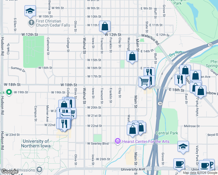 map of restaurants, bars, coffee shops, grocery stores, and more near 1802 Franklin Street in Cedar Falls