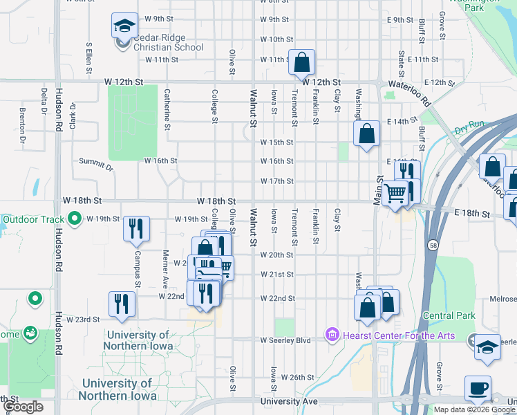 map of restaurants, bars, coffee shops, grocery stores, and more near 604 West 18th Street in Cedar Falls