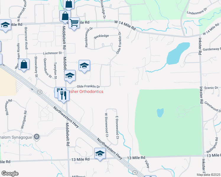 map of restaurants, bars, coffee shops, grocery stores, and more near 32056 Olde Franklin Drive in Farmington Hills