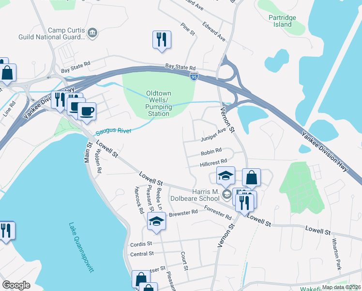 map of restaurants, bars, coffee shops, grocery stores, and more near 46 Woodbriar Road in Wakefield