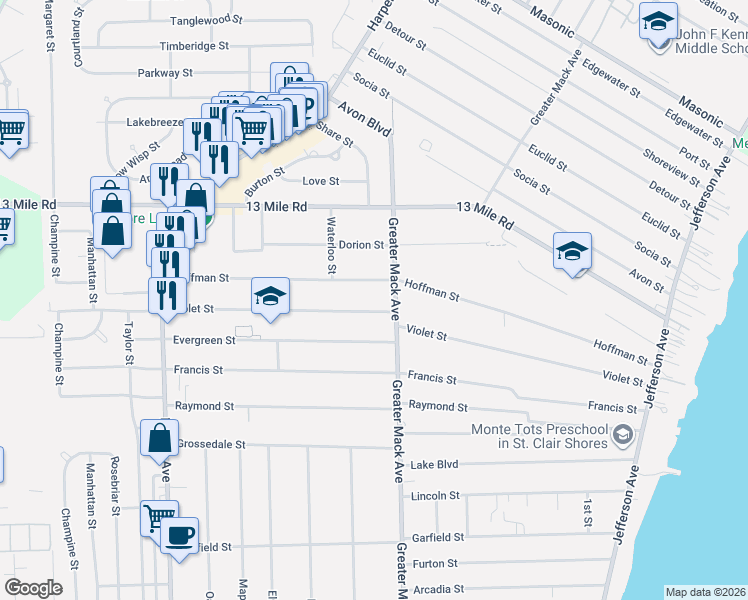 map of restaurants, bars, coffee shops, grocery stores, and more near 22314 Hoffman Street in St. Clair Shores