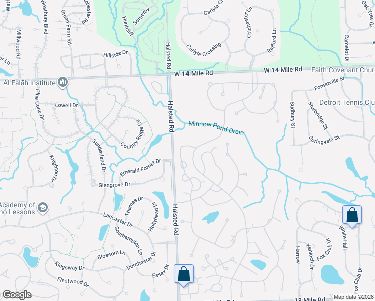 map of restaurants, bars, coffee shops, grocery stores, and more near 30825 Tanglewood Trail in Farmington Hills