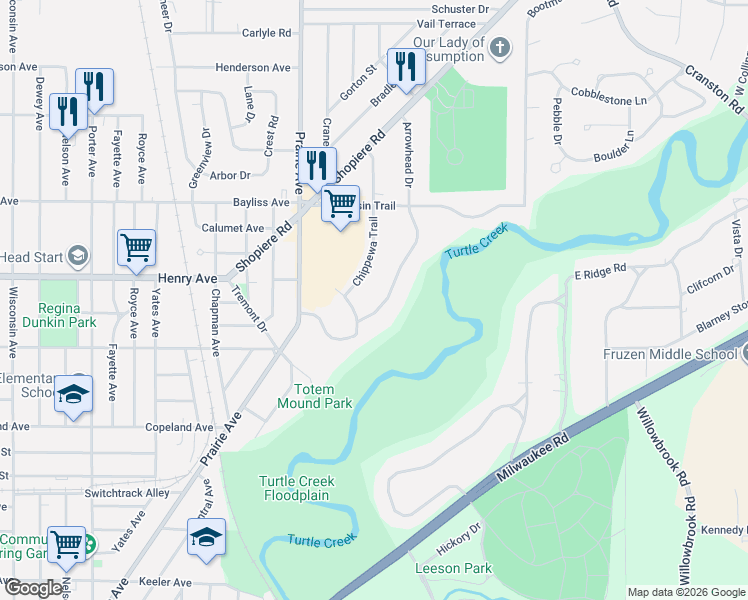 map of restaurants, bars, coffee shops, grocery stores, and more near 1818 Arrowhead Drive in Beloit