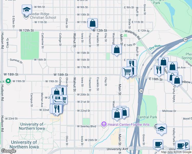 map of restaurants, bars, coffee shops, grocery stores, and more near 1802 Franklin Street in Cedar Falls