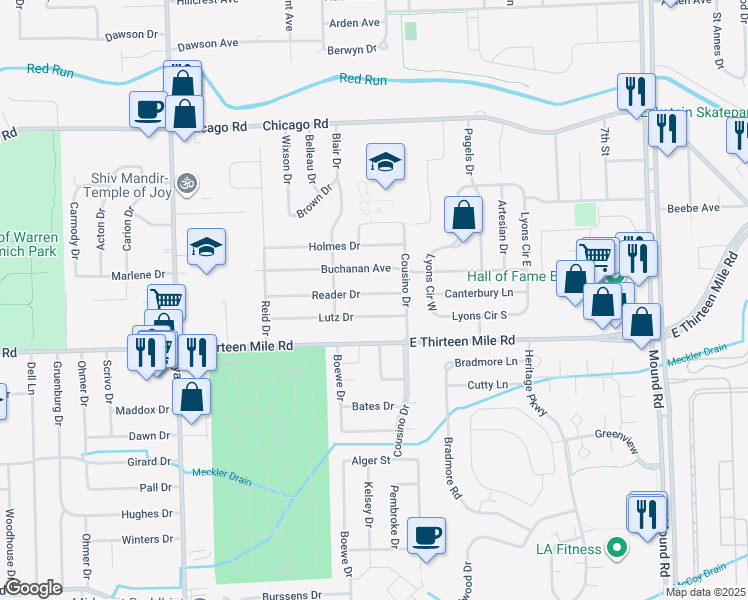 map of restaurants, bars, coffee shops, grocery stores, and more near 4726 Reader Drive in Warren