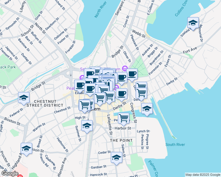 map of restaurants, bars, coffee shops, grocery stores, and more near 172 Essex Street in Salem