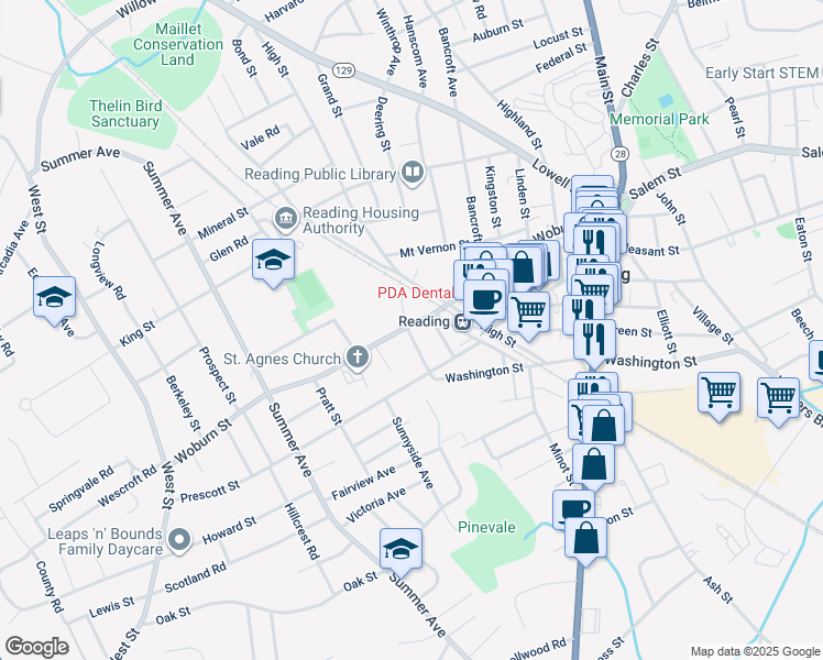 map of restaurants, bars, coffee shops, grocery stores, and more near 138 Woburn Street in Reading
