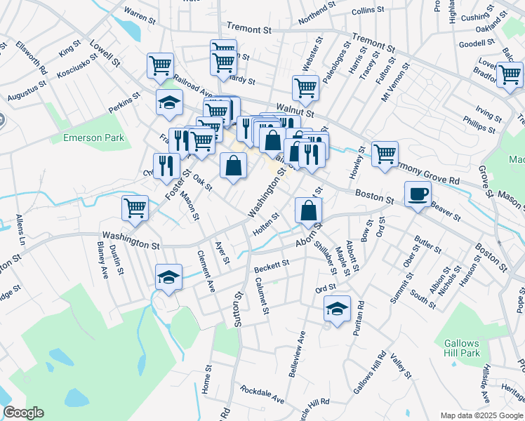 map of restaurants, bars, coffee shops, grocery stores, and more near 40 Washington Street in Peabody