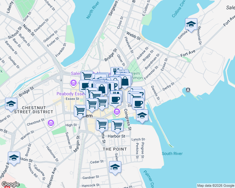 map of restaurants, bars, coffee shops, grocery stores, and more near 131 Essex Street in Salem