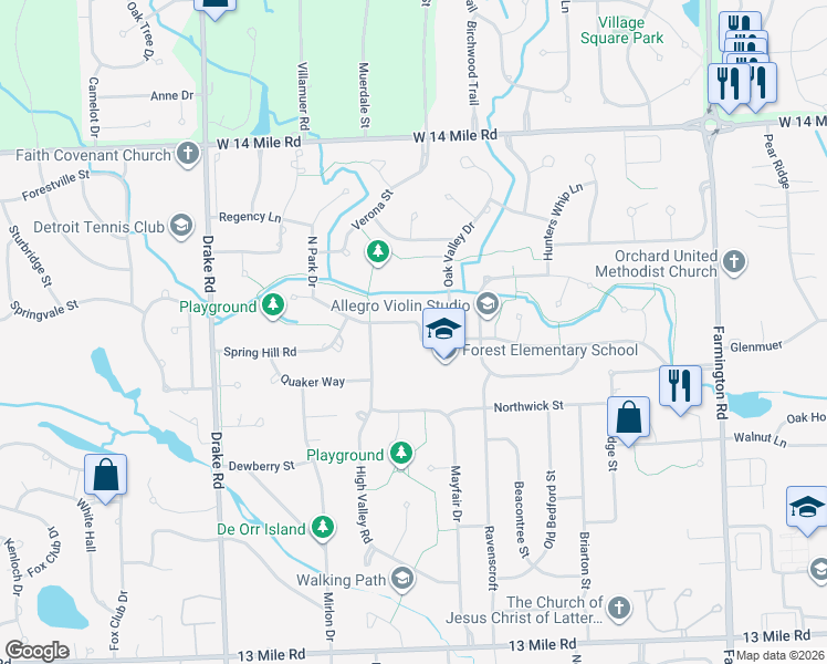 map of restaurants, bars, coffee shops, grocery stores, and more near 34461 Old Timber Road in Farmington Hills