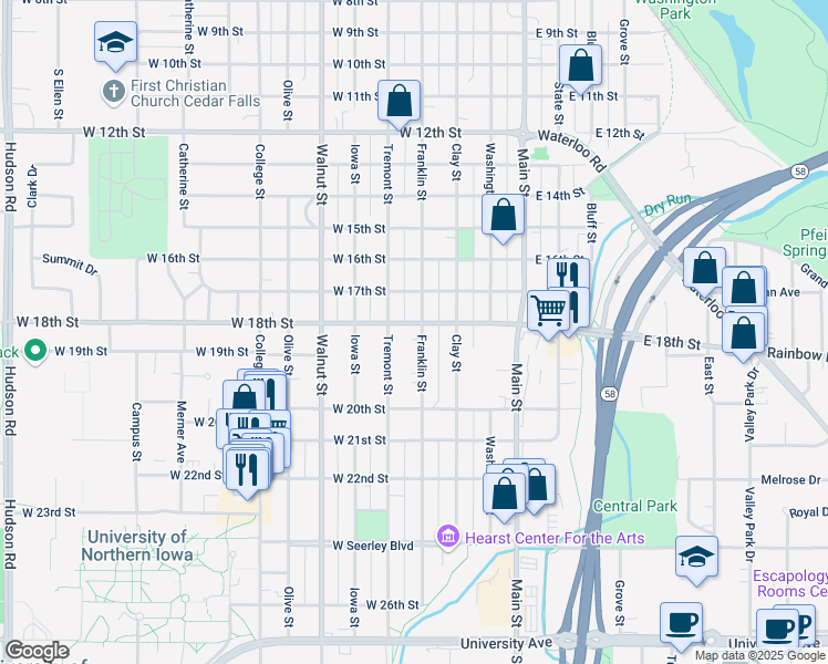 map of restaurants, bars, coffee shops, grocery stores, and more near 1803 Franklin Street in Cedar Falls