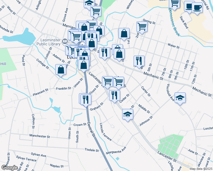 map of restaurants, bars, coffee shops, grocery stores, and more near 84 Lancaster Street in Leominster