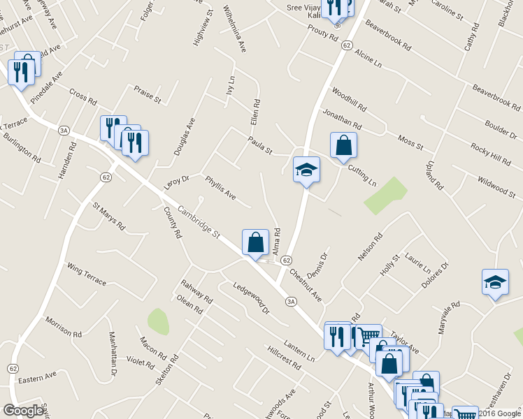 map of restaurants, bars, coffee shops, grocery stores, and more near 18 Alma Road in Burlington