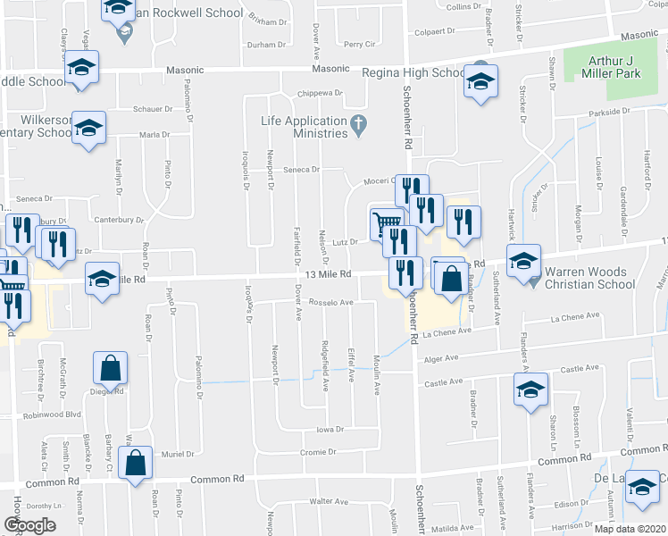 map of restaurants, bars, coffee shops, grocery stores, and more near 13209 13 Mile Road in Warren