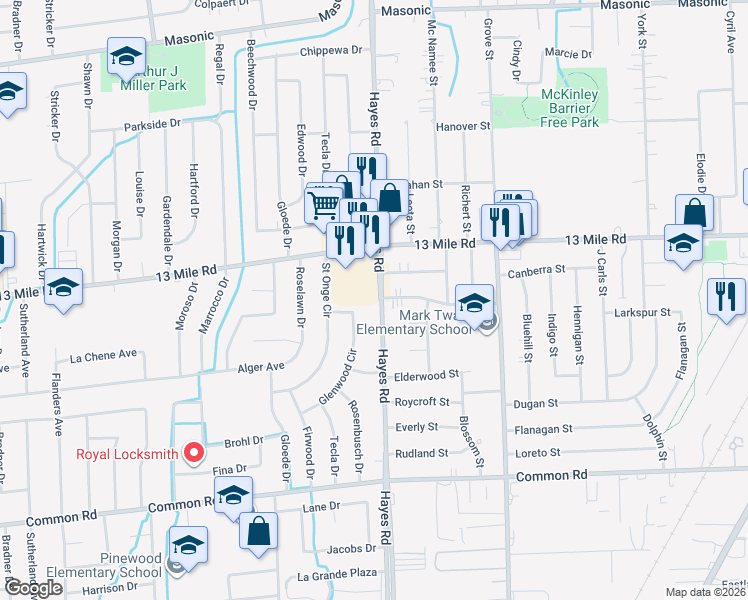 map of restaurants, bars, coffee shops, grocery stores, and more near 30747 Hayes Road in Warren