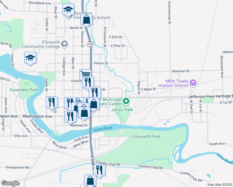 map of restaurants, bars, coffee shops, grocery stores, and more near 213 Iowa Street in Iowa Falls