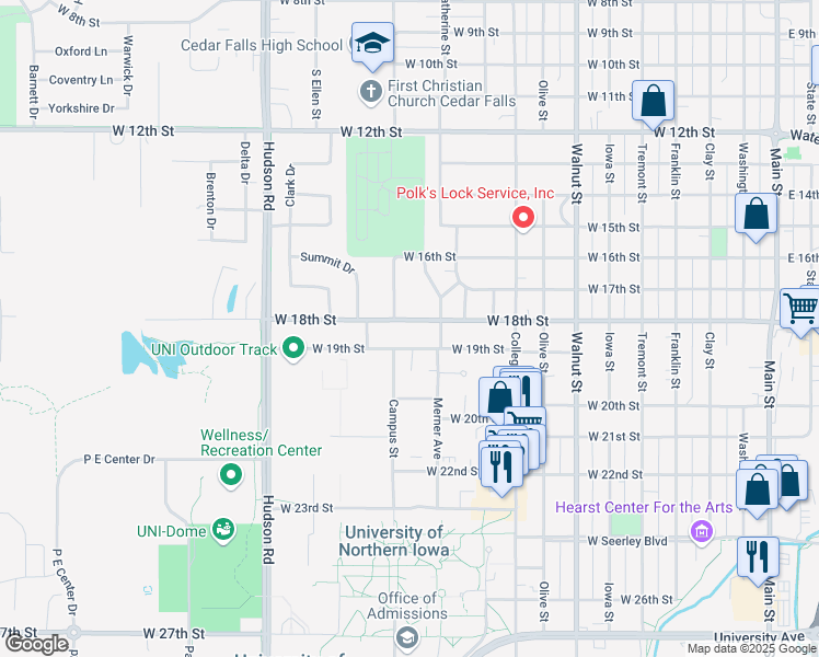 map of restaurants, bars, coffee shops, grocery stores, and more near 1224 West 18th Street in Cedar Falls