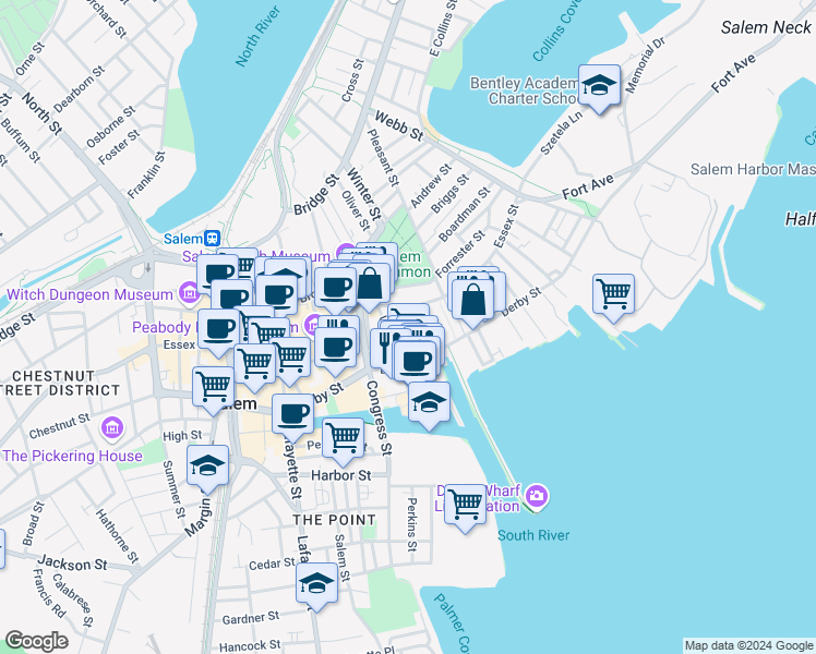 map of restaurants, bars, coffee shops, grocery stores, and more near 4 Hodges Court in Salem