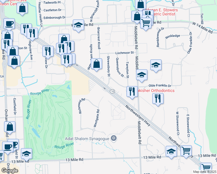 map of restaurants, bars, coffee shops, grocery stores, and more near 31886 Northwestern Highway in Farmington Hills