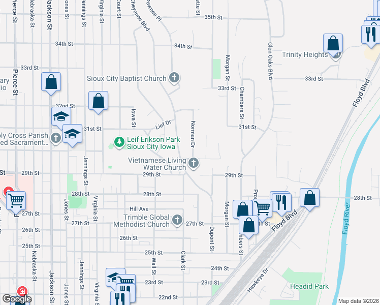map of restaurants, bars, coffee shops, grocery stores, and more near 3000-3198 Norman Drive in Sioux City