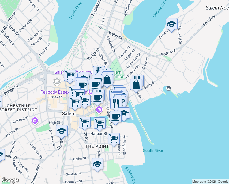 map of restaurants, bars, coffee shops, grocery stores, and more near 4 Hodges Court in Salem