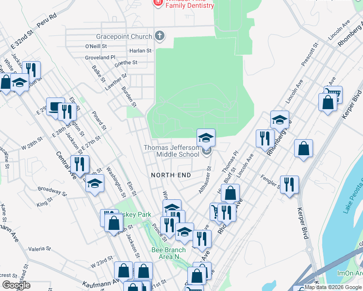 map of restaurants, bars, coffee shops, grocery stores, and more near 2598 Columbia Street in Dubuque