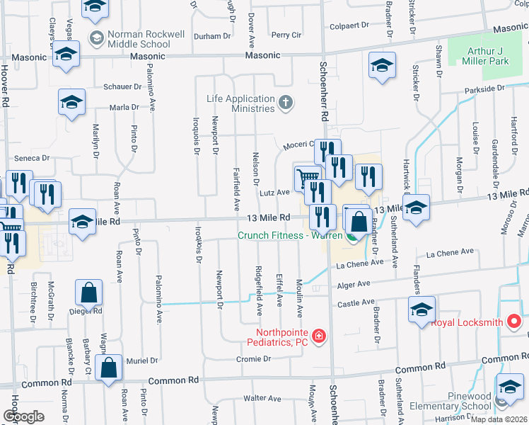map of restaurants, bars, coffee shops, grocery stores, and more near 13209 13 Mile Road in Warren
