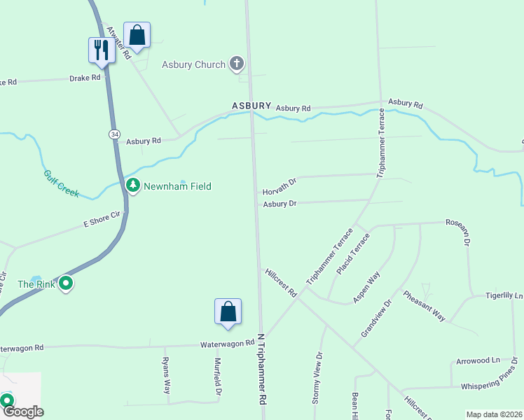 map of restaurants, bars, coffee shops, grocery stores, and more near 1 Asbury Dr in Ithaca