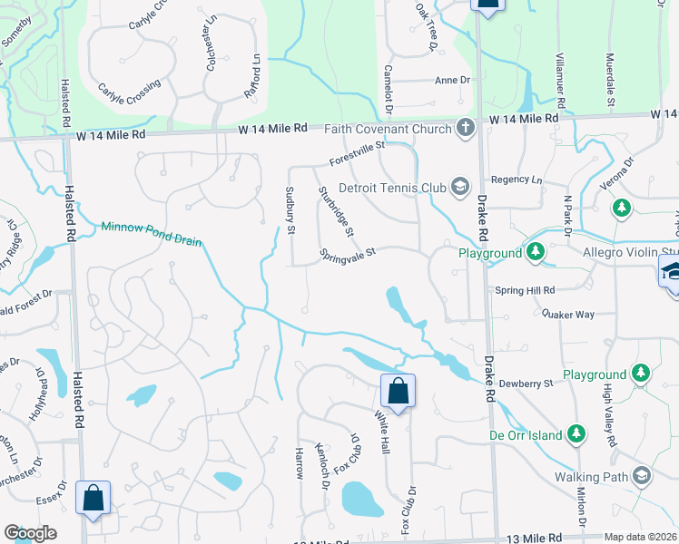 map of restaurants, bars, coffee shops, grocery stores, and more near 35765 Springvale Street in Farmington Hills