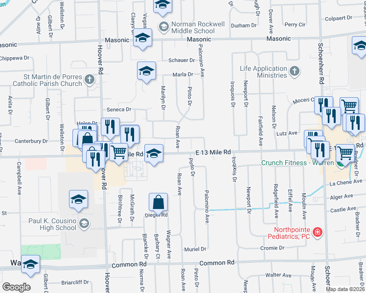 map of restaurants, bars, coffee shops, grocery stores, and more near 31024 Roan Drive in Warren