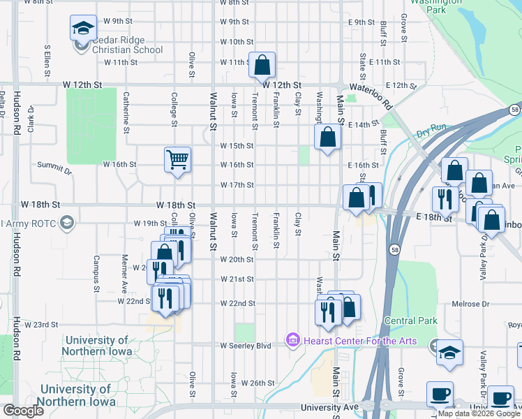 map of restaurants, bars, coffee shops, grocery stores, and more near 1803 Tremont Street in Cedar Falls