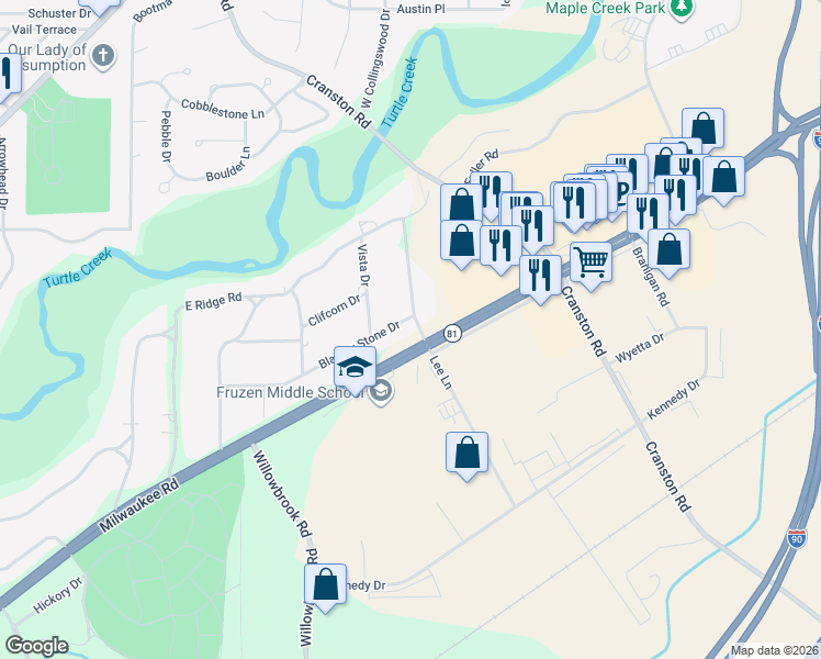 map of restaurants, bars, coffee shops, grocery stores, and more near 2640 Blarney Stone Drive in Beloit