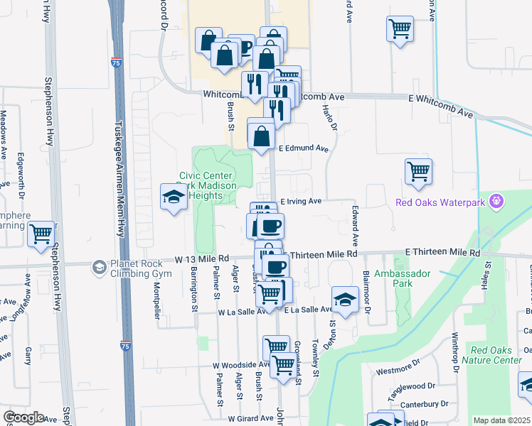 map of restaurants, bars, coffee shops, grocery stores, and more near 31145 John R Road in Madison Heights