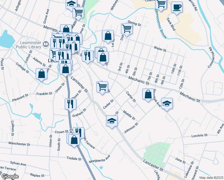 map of restaurants, bars, coffee shops, grocery stores, and more near 44 Walker Street in Leominster