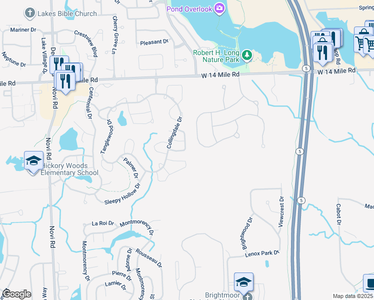 map of restaurants, bars, coffee shops, grocery stores, and more near 41444 Belden Circle in Novi