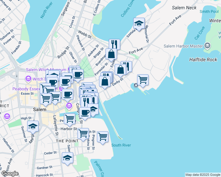map of restaurants, bars, coffee shops, grocery stores, and more near 143 Derby Street in Salem