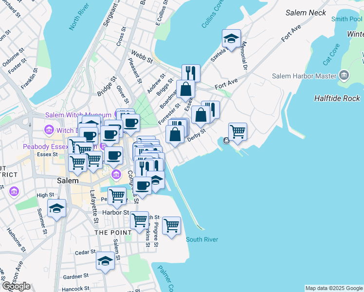 map of restaurants, bars, coffee shops, grocery stores, and more near 143 Derby Street in Salem