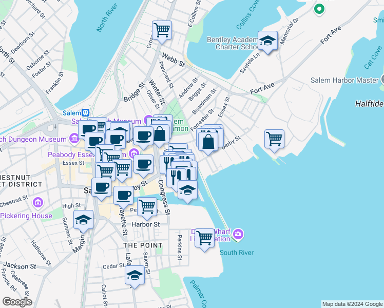 map of restaurants, bars, coffee shops, grocery stores, and more near 164-178 Derby Street in Salem