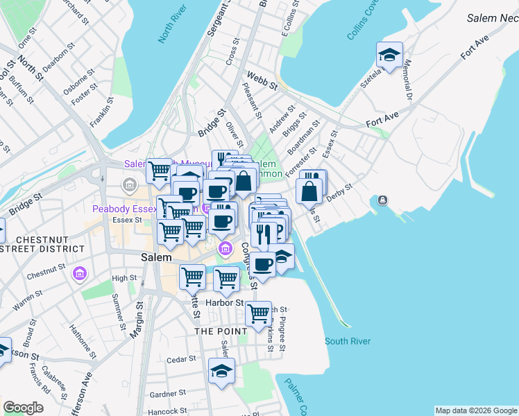 map of restaurants, bars, coffee shops, grocery stores, and more near 4 Hodges Court in Salem