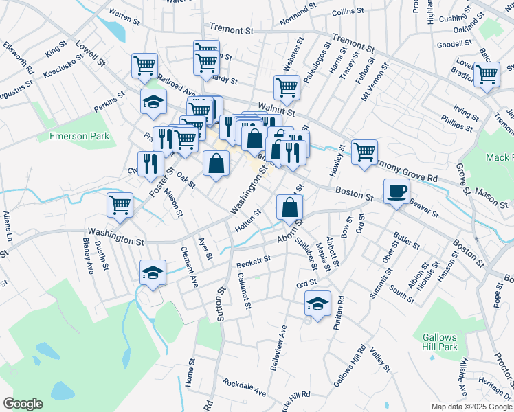 map of restaurants, bars, coffee shops, grocery stores, and more near 40 Washington Street in Peabody