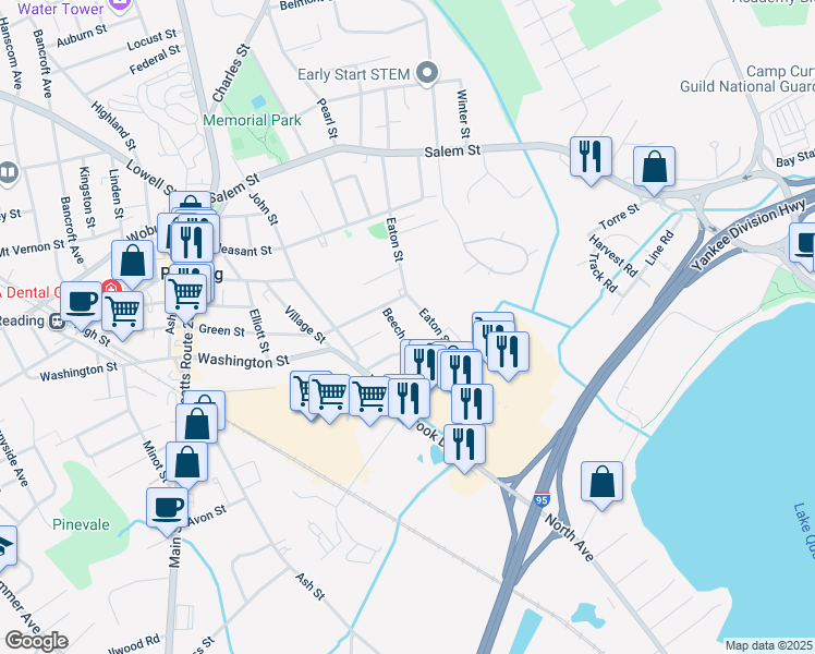 map of restaurants, bars, coffee shops, grocery stores, and more near 101 Eaton Street in Reading