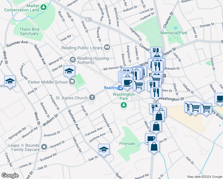map of restaurants, bars, coffee shops, grocery stores, and more near 8 Arlington Street in Reading
