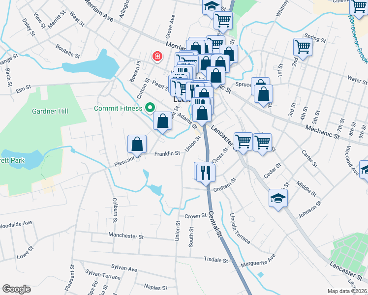 map of restaurants, bars, coffee shops, grocery stores, and more near 40 Union Street in Leominster