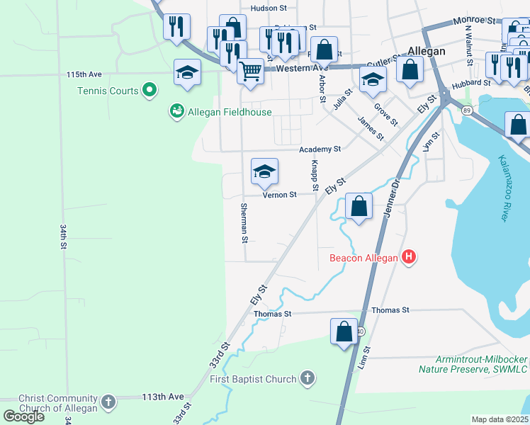 map of restaurants, bars, coffee shops, grocery stores, and more near 620 Ely Street in Allegan