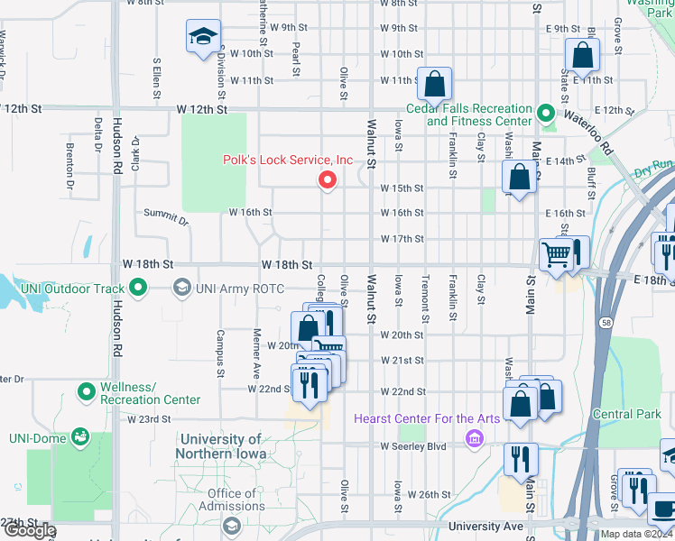 map of restaurants, bars, coffee shops, grocery stores, and more near 1804 College Street in Cedar Falls