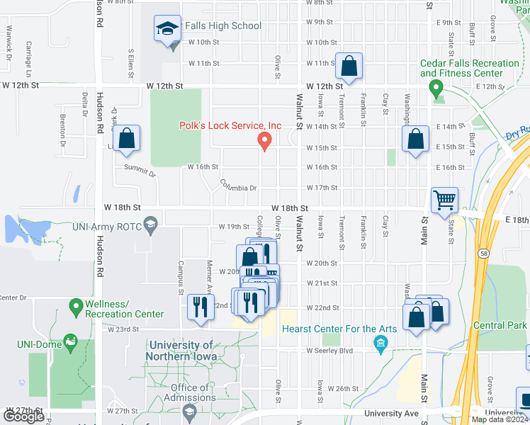 map of restaurants, bars, coffee shops, grocery stores, and more near 1804 College Street in Cedar Falls