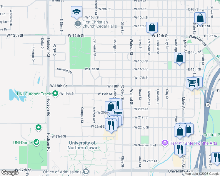 map of restaurants, bars, coffee shops, grocery stores, and more near in Cedar Falls