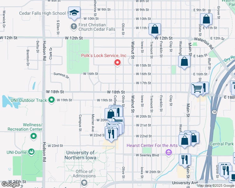 map of restaurants, bars, coffee shops, grocery stores, and more near 1804 College Street in Cedar Falls