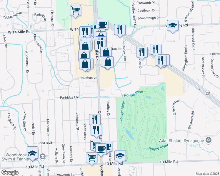 map of restaurants, bars, coffee shops, grocery stores, and more near 30594 Orchard Lake Road in Farmington Hills