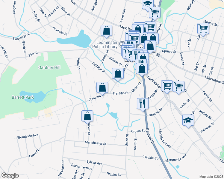map of restaurants, bars, coffee shops, grocery stores, and more near 114 Pleasant Street in Leominster